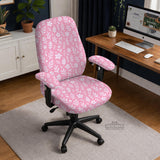 Soft pink floral chair cover shown on a gaming chair with a high back and armrests.