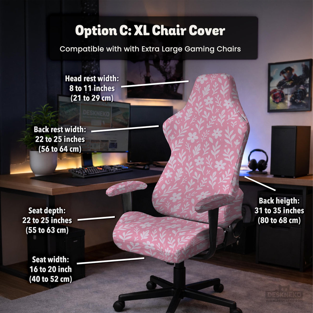 Blush pink chair cover with a small botanical floral pattern shown on an office chair.