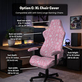 Blush pink chair cover with a small botanical floral pattern shown on an office chair.