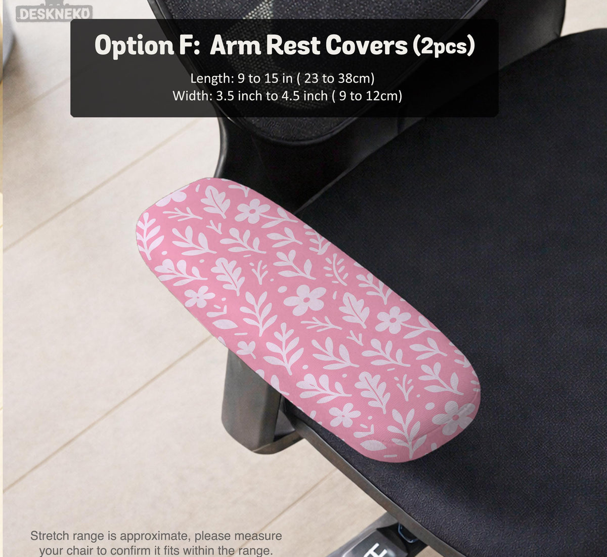 Soft pink floral chair cover shown on a gaming chair with a high back and armrests.