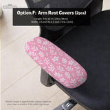 Soft pink floral chair cover shown on a gaming chair with a high back and armrests.
