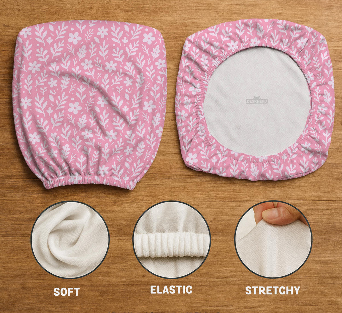 Soft pink floral chair cover shown on a gaming chair with a high back and armrests.