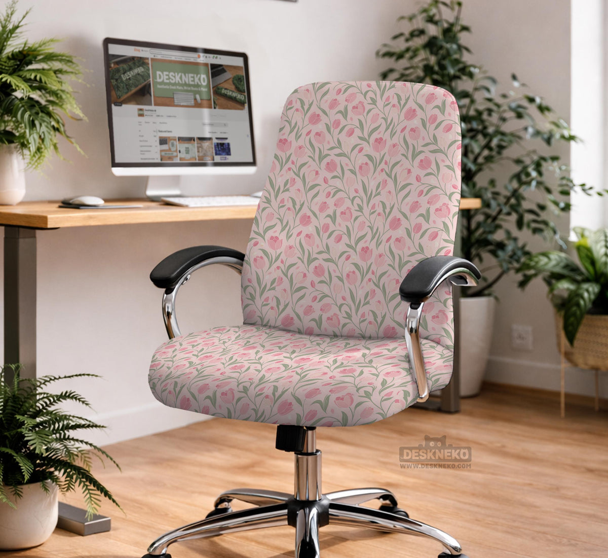 Pink chair cover with a tulip floral print shown as a desk chair slipcover, with armrest covers and size options.