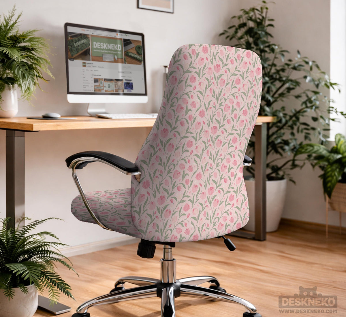 Pink chair cover with a tulip floral print shown as a desk chair slipcover, with armrest covers and size options.