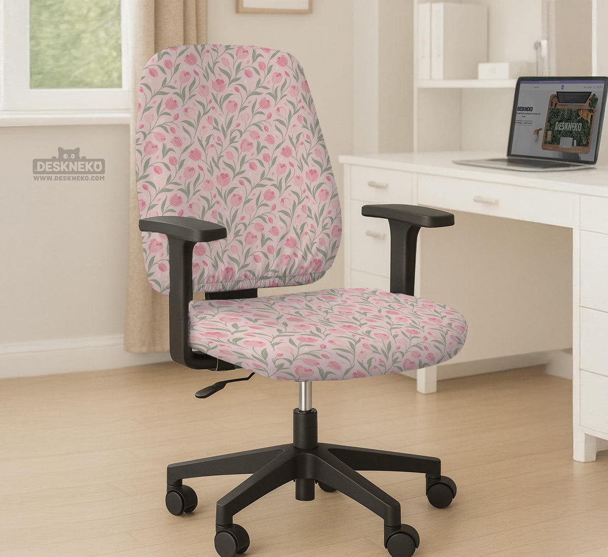 Pink floral stretch chair cover with a tulip pattern shown on a high-back gaming or office chair.