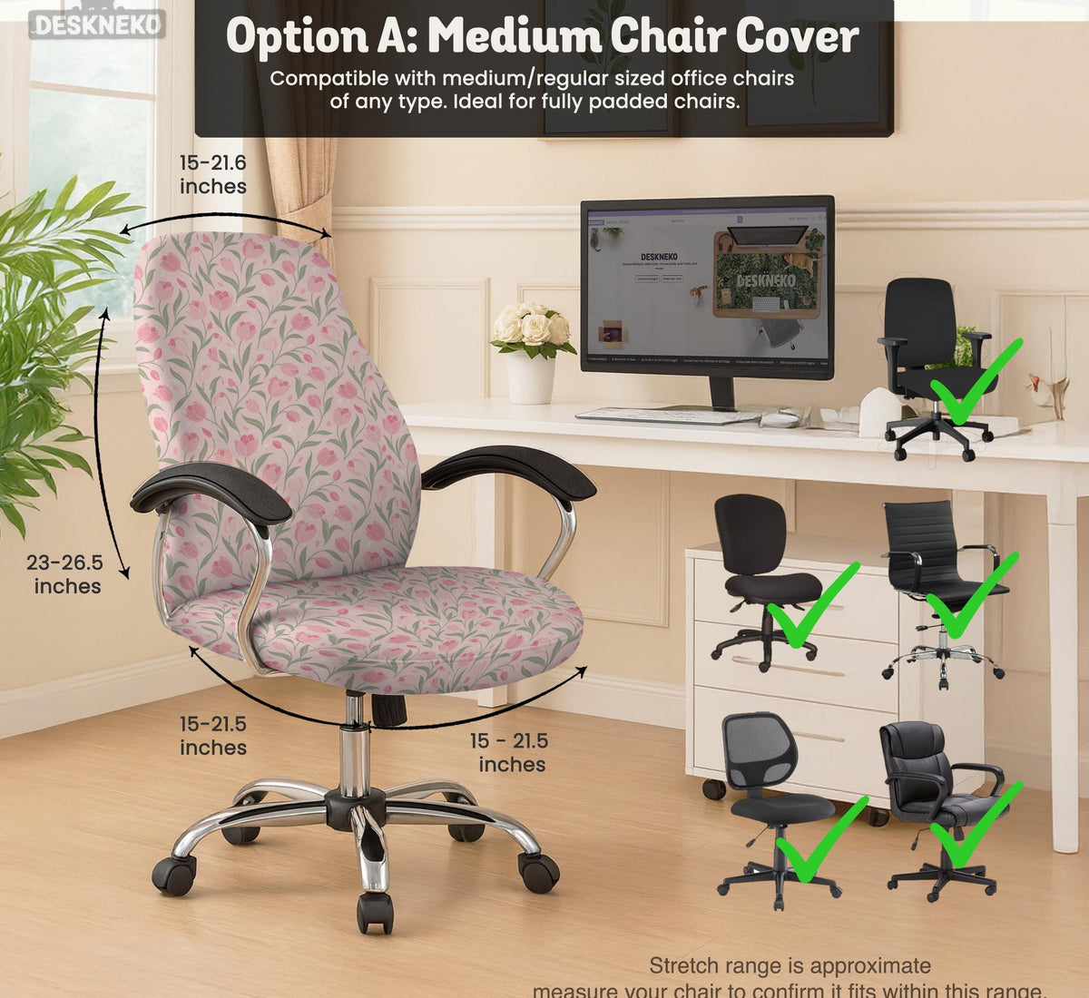 Pink chair cover with a tulip floral print shown as a desk chair slipcover, with armrest covers and size options.