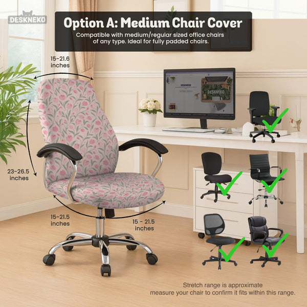 Pink chair cover with a tulip floral print shown as a desk chair slipcover, with armrest covers and size options.