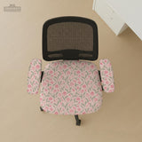 Pink floral stretch chair cover with a tulip pattern shown on a high-back gaming or office chair.