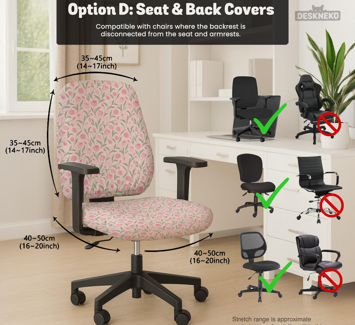 Pink floral stretch chair cover with a tulip pattern shown on a high-back gaming or office chair.