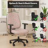 Pink floral stretch chair cover with a tulip pattern shown on a high-back gaming or office chair.