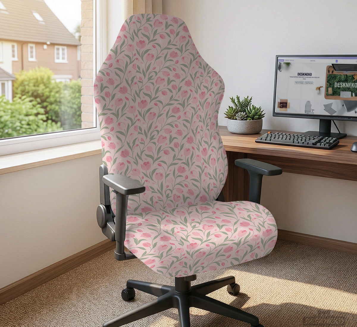 Pink chair cover with a tulip floral print shown as a desk chair slipcover, with armrest covers and size options.