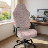 Pink chair cover with a tulip floral print shown as a desk chair slipcover, with armrest covers and size options.