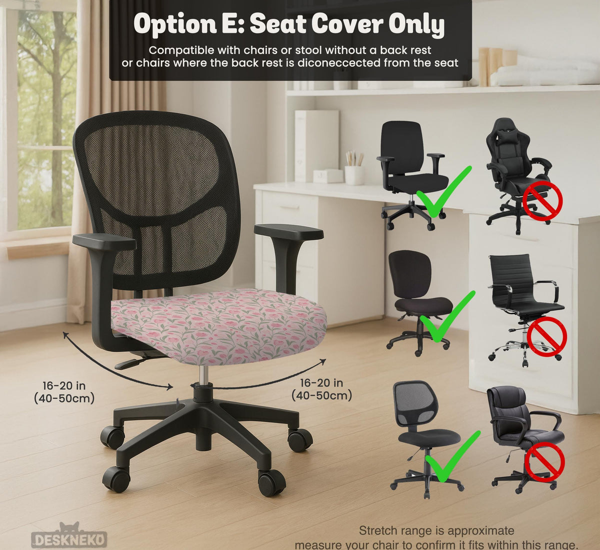 Pink chair cover with a tulip floral print shown as a desk chair slipcover, with armrest covers and size options.