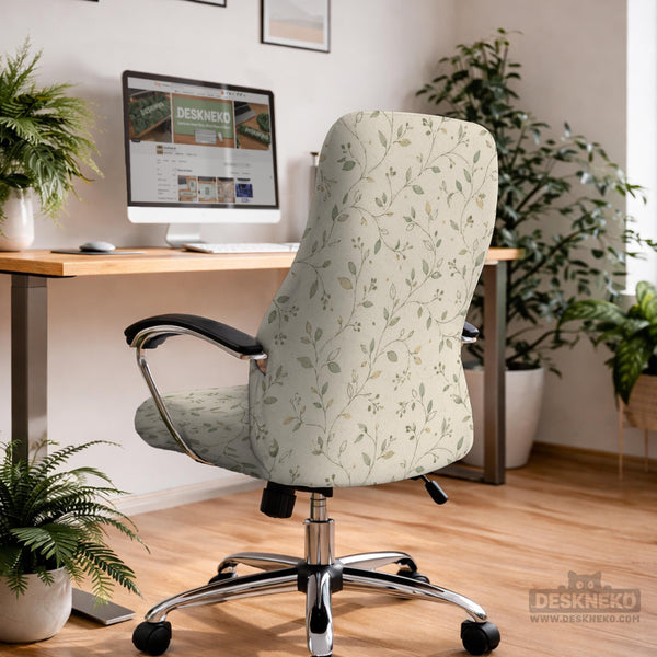 Cream floral chair covers with muted sage leaves and fine vine details on an ivory background, shown as multiple slipcover options for chair backs, seats, and armrests.