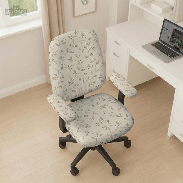 Cream floral chair covers with muted sage leaves and fine vine details on an ivory background, shown as multiple slipcover options for chair backs, seats, and armrests.