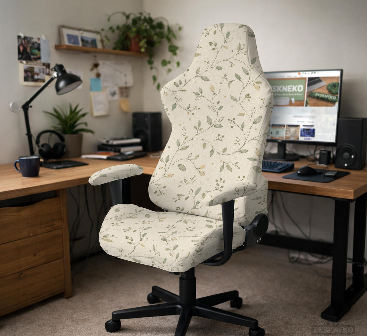 Cream floral chair covers with muted sage leaves and fine vine details on an ivory background, shown as multiple slipcover options for chair backs, seats, and armrests.