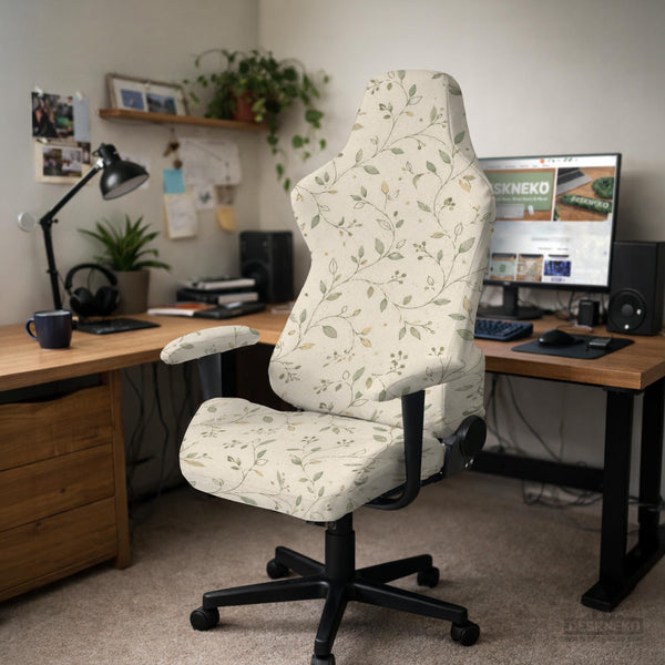 An ivory chair cover set with a subtle vine pattern shown on a black gaming chair, including cover options for the chair back, seat, and armrests.