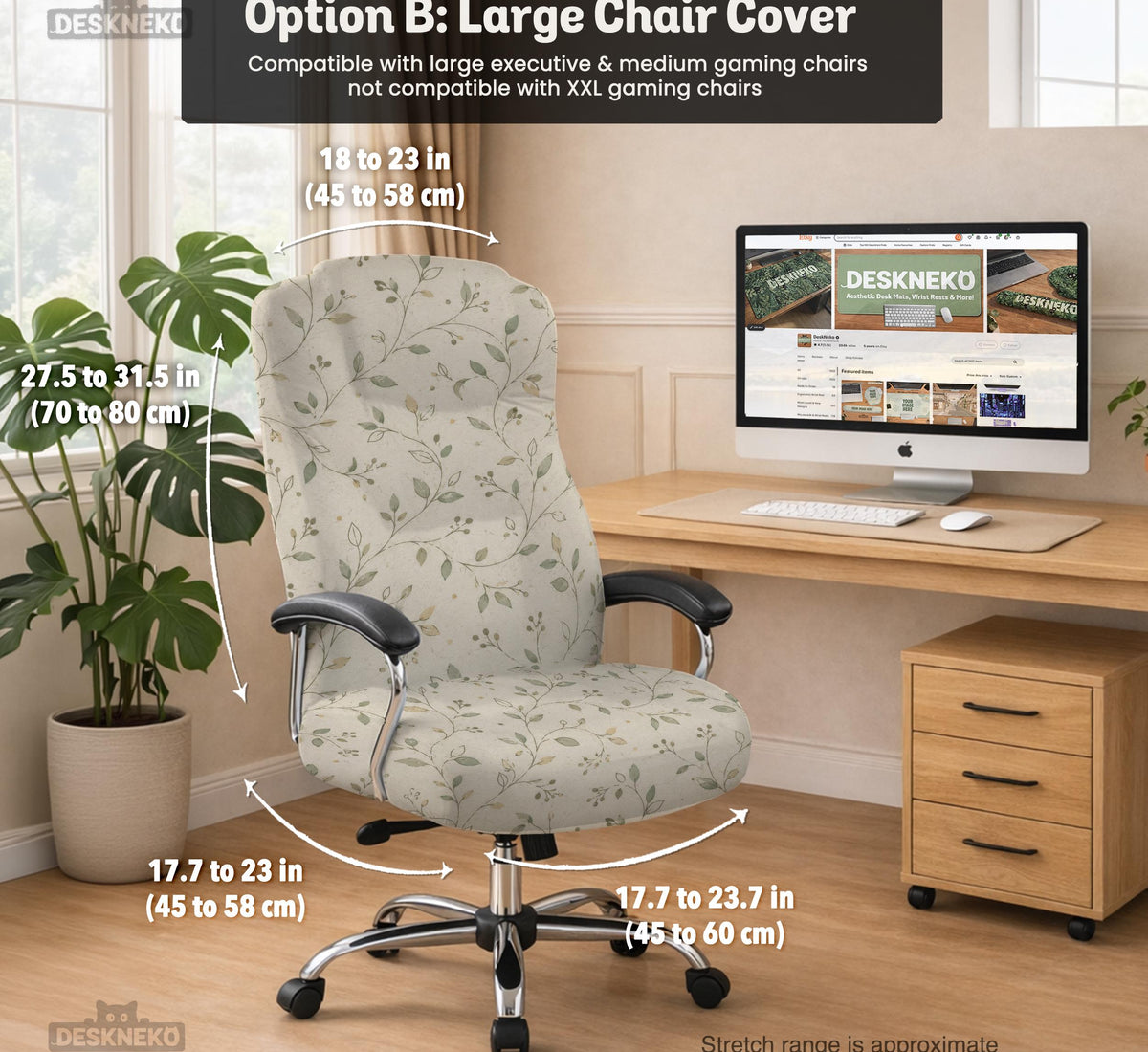 Cream floral chair covers with muted sage leaves and fine vine details on an ivory background, shown as multiple slipcover options for chair backs, seats, and armrests.