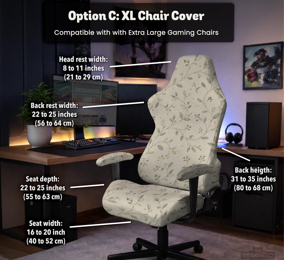 Cream floral chair covers with muted sage leaves and fine vine details on an ivory background, shown as multiple slipcover options for chair backs, seats, and armrests.