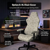An ivory chair cover set with a subtle vine pattern shown on a black gaming chair, including cover options for the chair back, seat, and armrests.