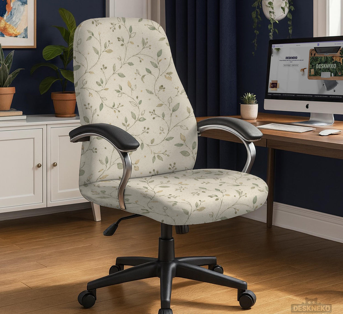 Cream floral chair covers with muted sage leaves and fine vine details on an ivory background, shown as multiple slipcover options for chair backs, seats, and armrests.