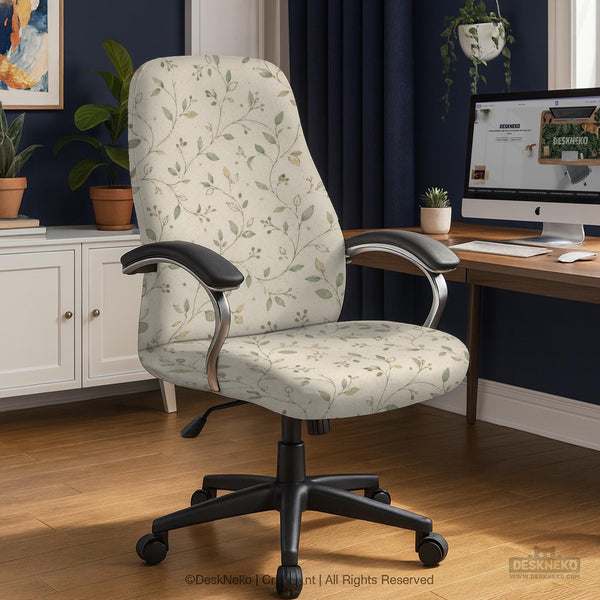 Cream floral chair covers with muted sage leaves and fine vine details on an ivory background, shown as multiple slipcover options for chair backs, seats, and armrests.