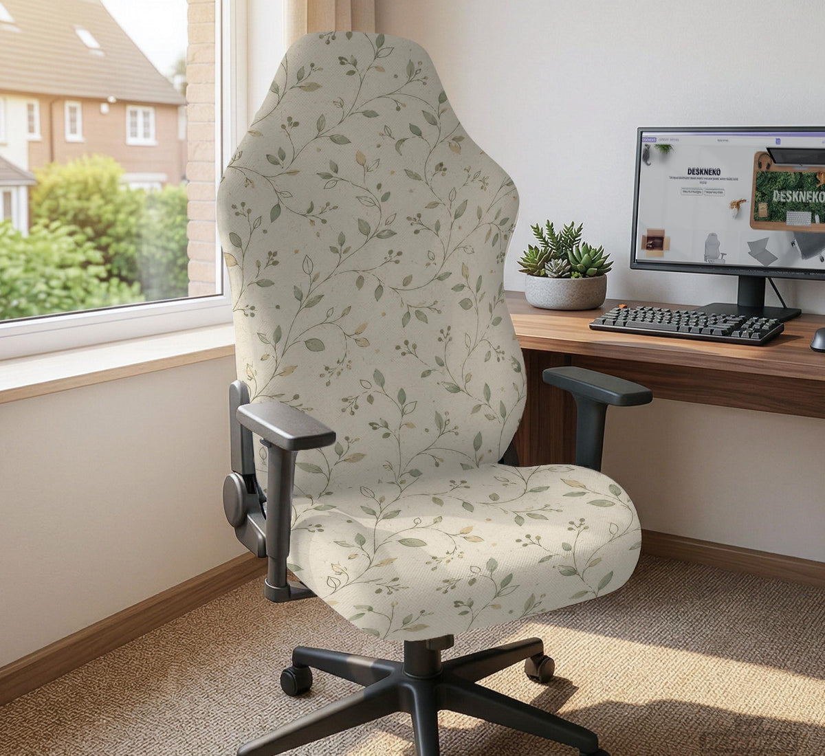 Cream floral chair covers with muted sage leaves and fine vine details on an ivory background, shown as multiple slipcover options for chair backs, seats, and armrests.
