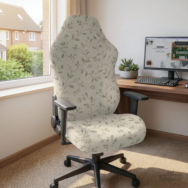 Cream floral chair covers with muted sage leaves and fine vine details on an ivory background, shown as multiple slipcover options for chair backs, seats, and armrests.