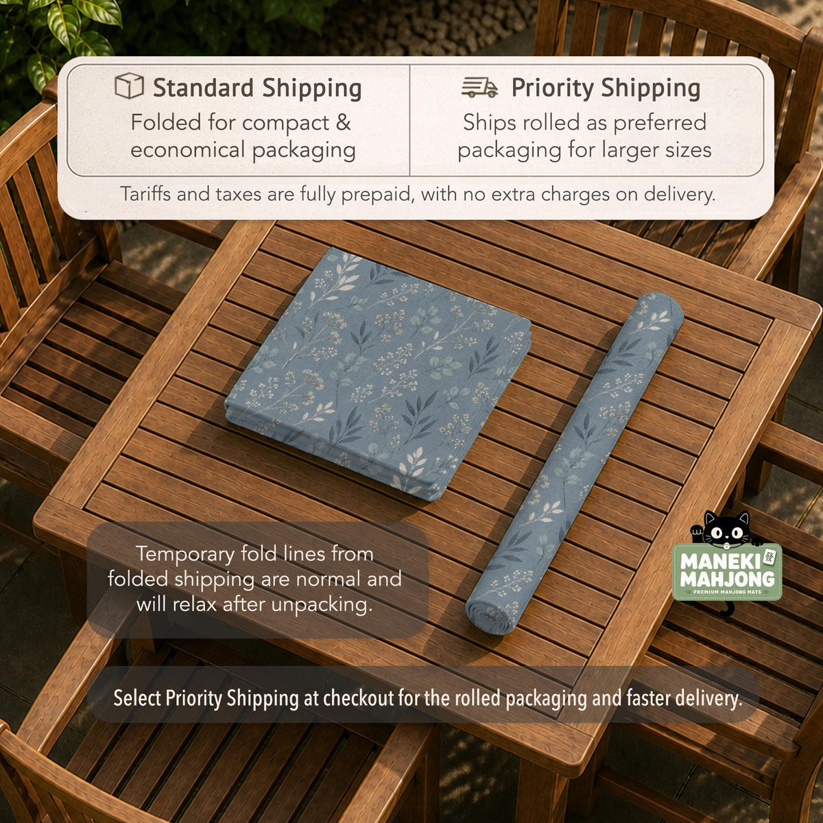Blue mahjong mat with a dusty linen-look background and small leafy botanical stems in a floral pattern.