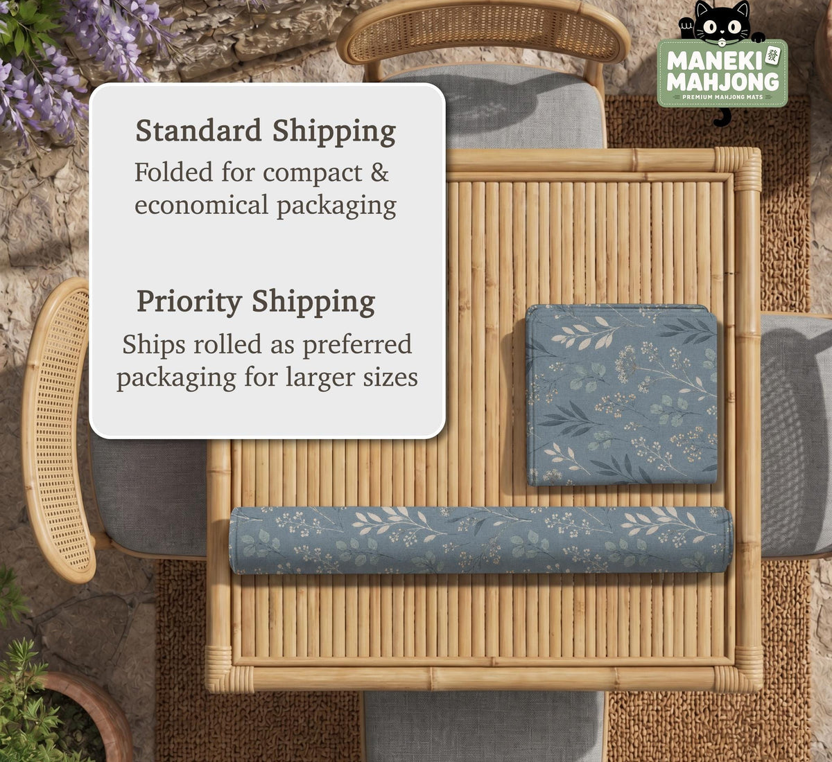 Blue mahjong mat with a dusty linen-look background and small leafy botanical stems in a floral pattern.