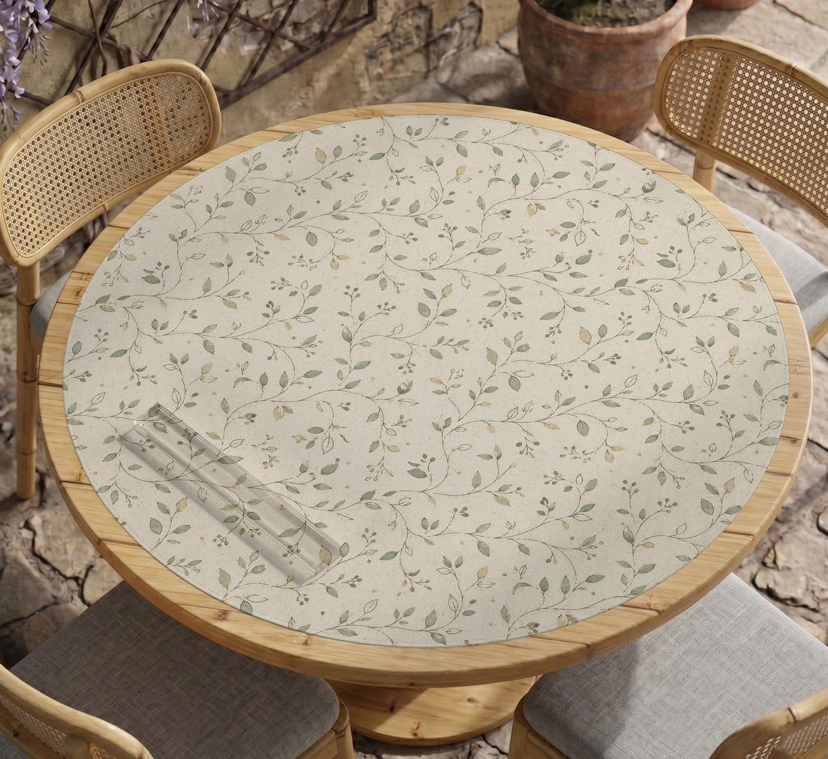 Sage green mahjong mat with vine and botanical artwork in cream neutral tones, shown in a cottagecore style with a tablecloth-style format.