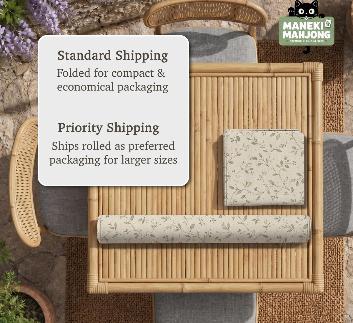 Cream square mahjong mat with a sage vine and leaf botanical pattern and scalloped edges.