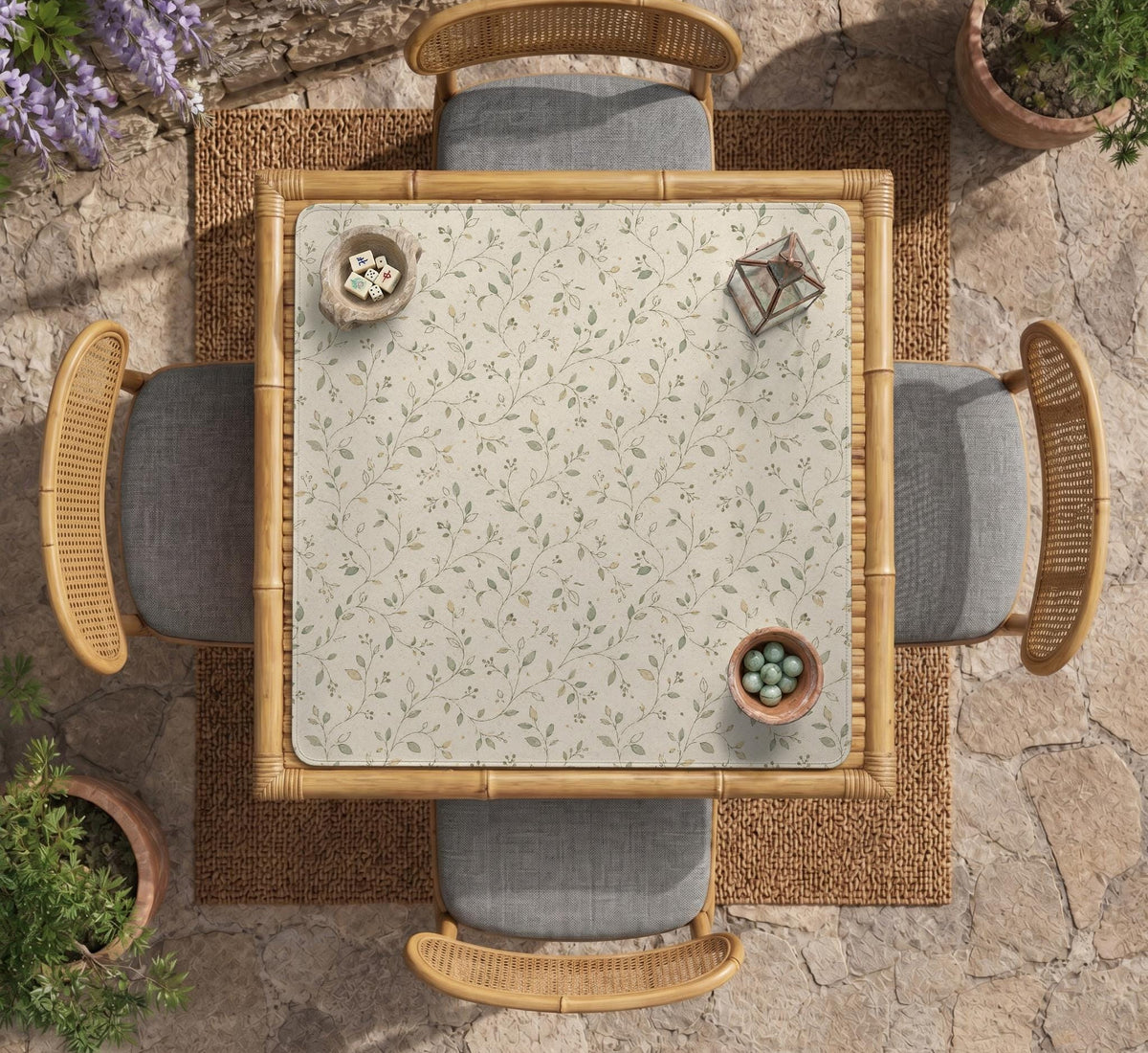 Sage green mahjong mat with vine and botanical artwork in cream neutral tones, shown in a cottagecore style with a tablecloth-style format.