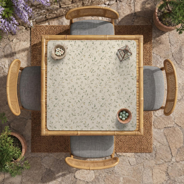 Sage green mahjong mat with vine and botanical artwork in cream neutral tones, shown in a cottagecore style with a tablecloth-style format.