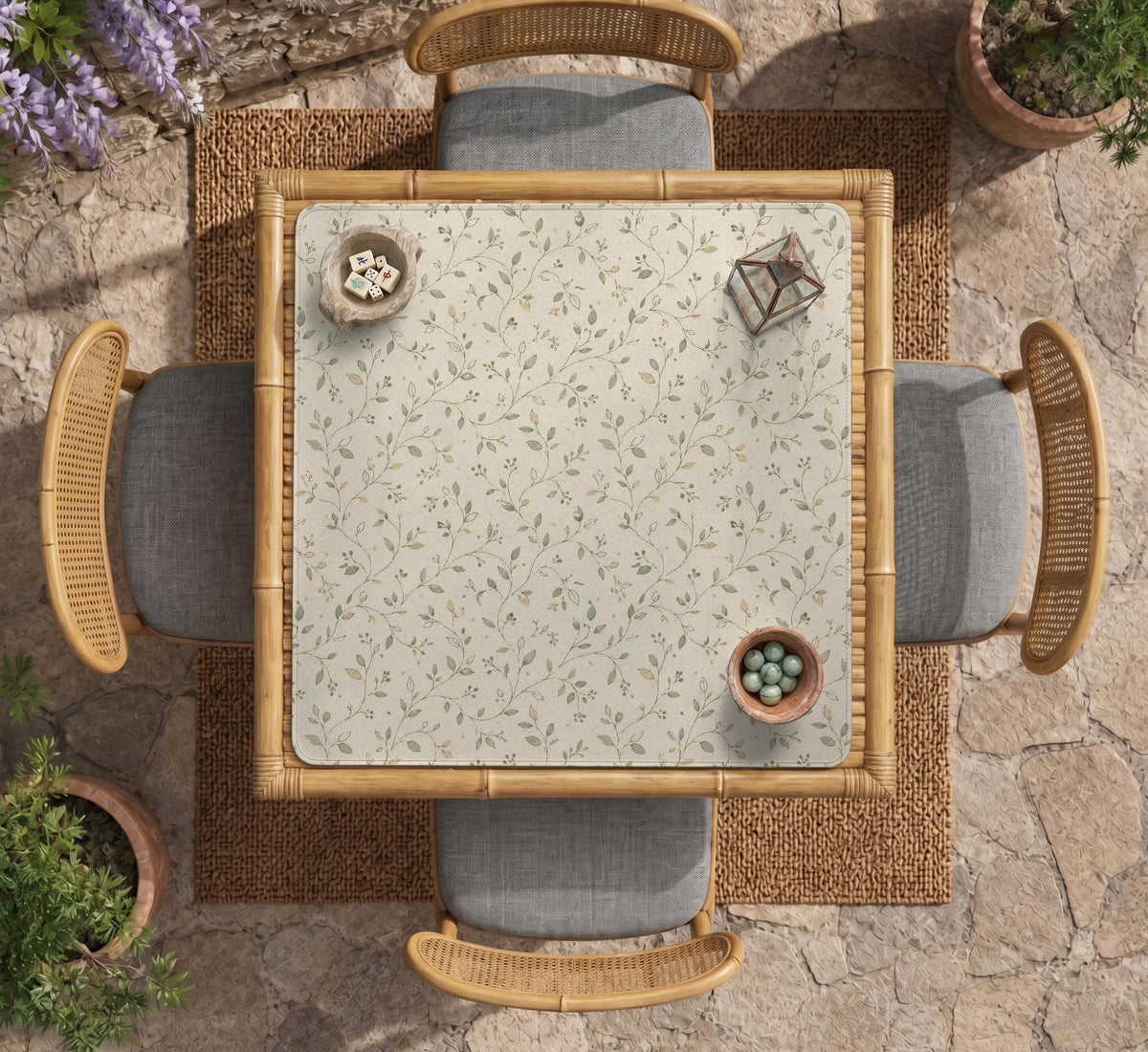 Cream square mahjong mat with a sage vine and leaf botanical pattern and scalloped edges.