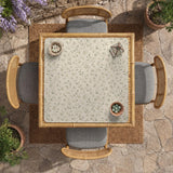 Cream square mahjong mat with a sage vine and leaf botanical pattern and scalloped edges.