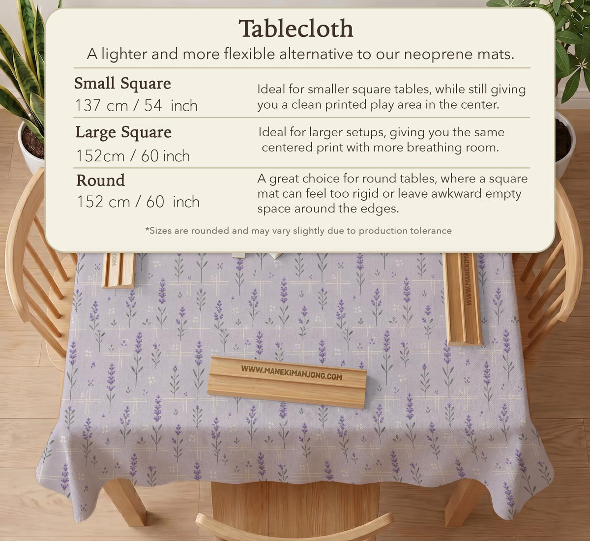 Lavender mahjong mat with a pale purple background, small botanical sprigs, and fine grid lines.