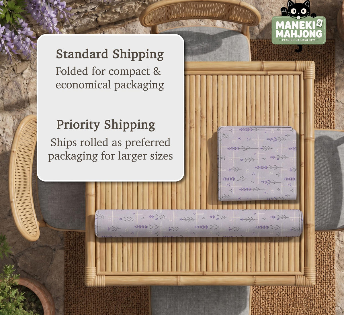 Lavender mahjong mat with a pale purple background, small botanical sprigs, and fine grid lines.