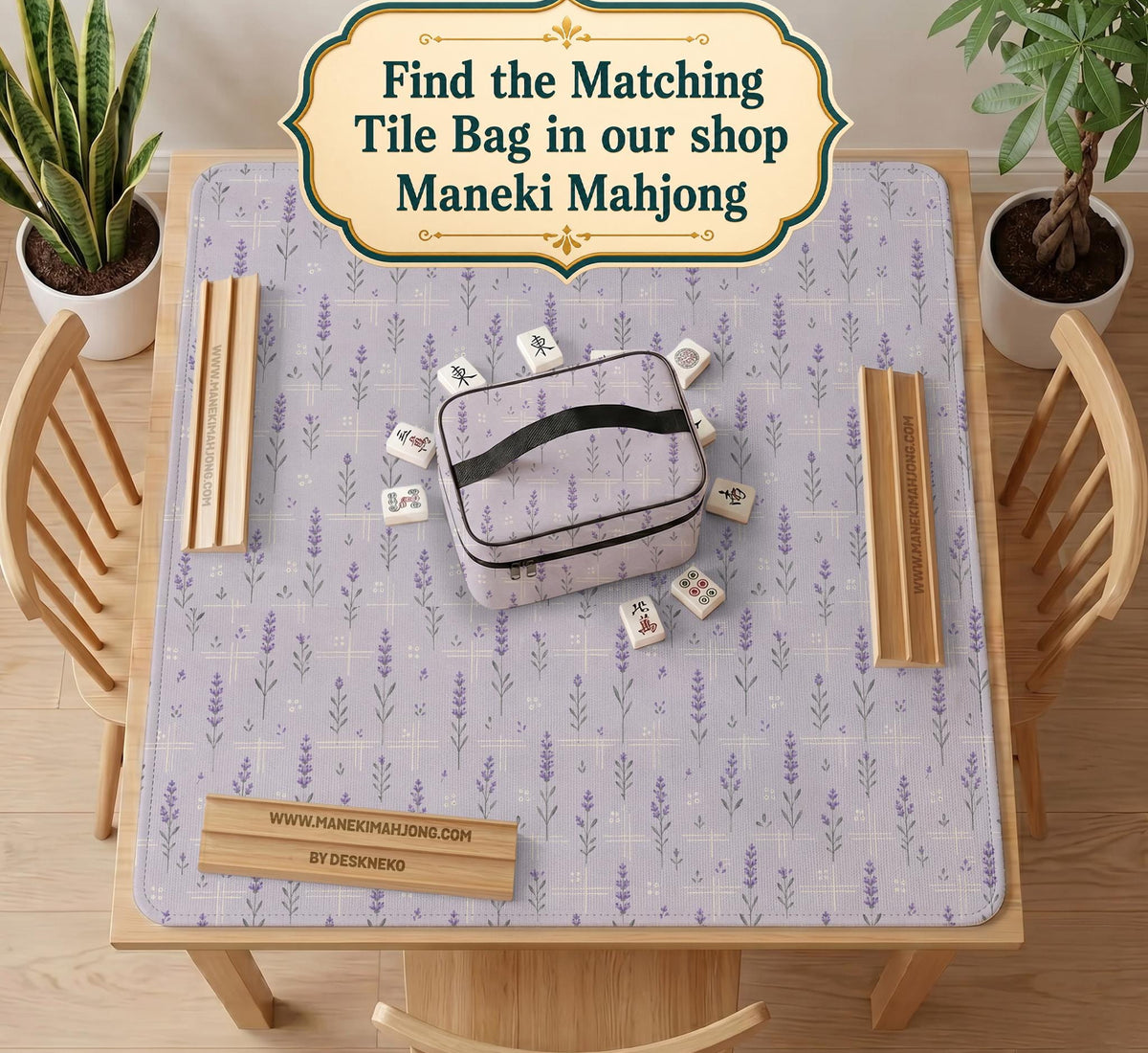 Lavender mahjong mat with a pale purple background, small botanical sprigs, and fine grid lines.