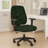 Forest green chair cover with a tropical leaf pattern featuring monstera leaves and small cream flowers.