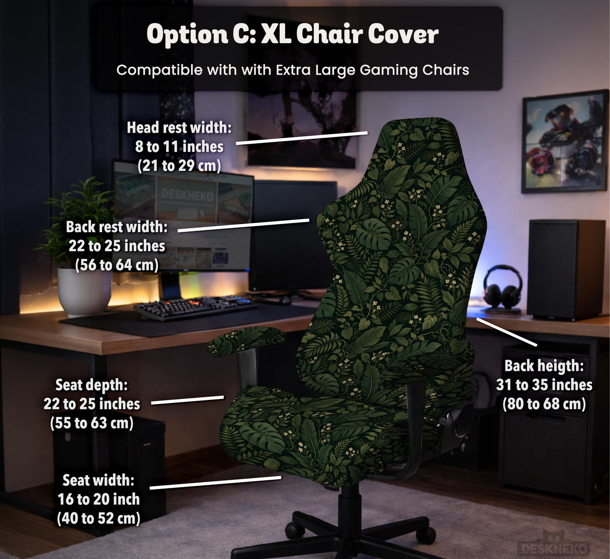 Forest green chair cover with a tropical leaf pattern featuring monstera leaves and small cream flowers.