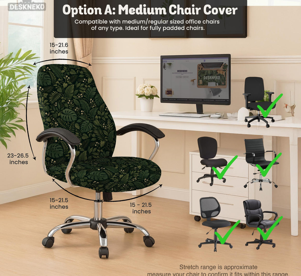 Forest green chair cover with a tropical leaf pattern featuring monstera leaves and small cream flowers.