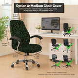 Forest green chair cover with a tropical leaf pattern featuring monstera leaves and small cream flowers.
