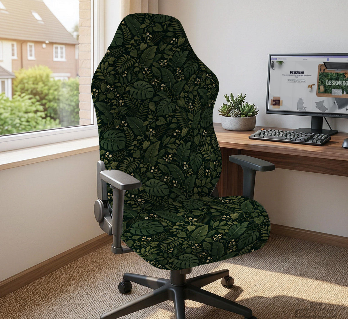 Forest green chair cover with a tropical leaf pattern featuring monstera leaves and small cream flowers.