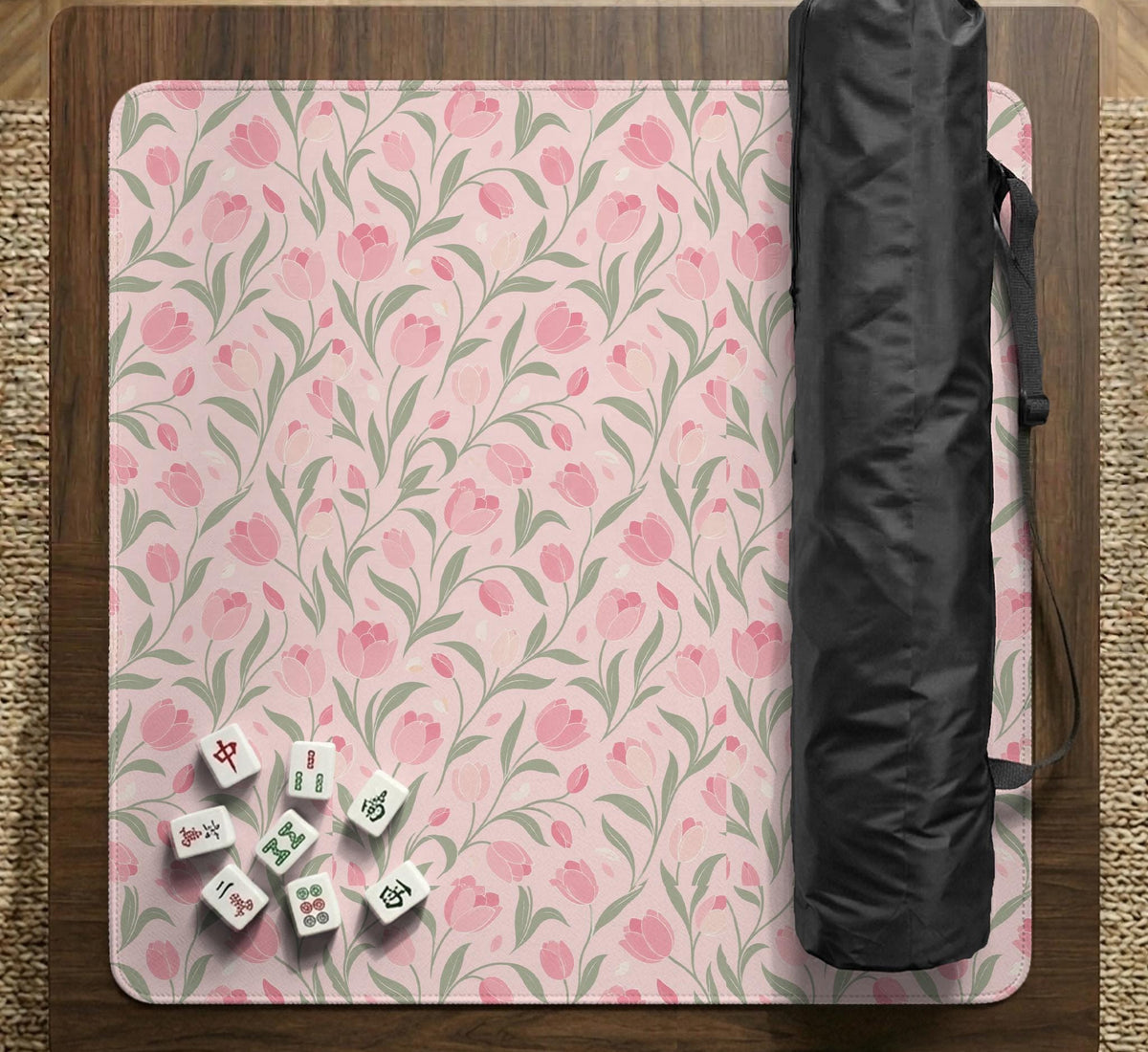 Pink mahjong mat with a botanical tulip floral pattern in blush tones, shown in a tablecloth-style square layout.