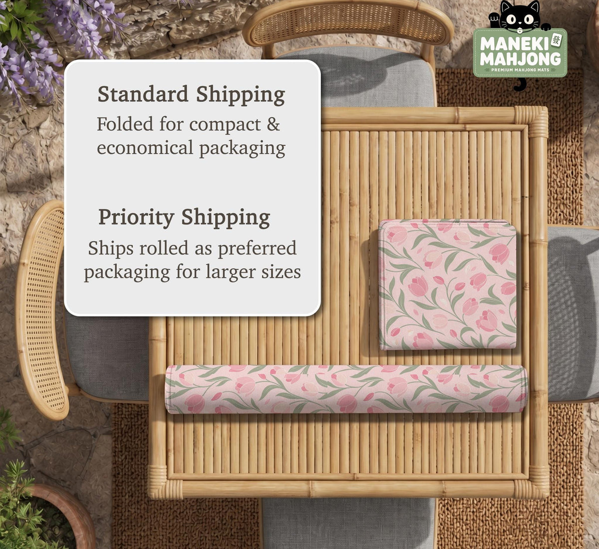 A pink mahjong mat with tulip flowers, sage leaves, and a light pastel background.