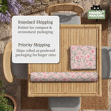 Pink mahjong mat with a botanical tulip floral pattern in blush tones, shown in a tablecloth-style square layout.