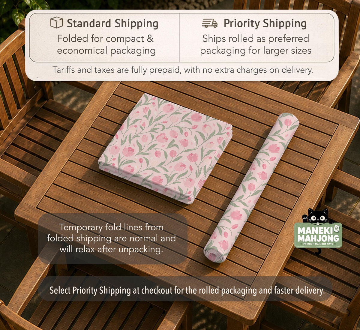 Pink mahjong mat with a botanical tulip floral pattern in blush tones, shown in a tablecloth-style square layout.