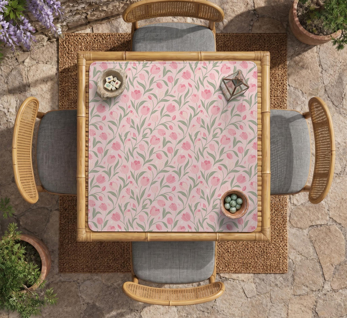 Pink mahjong mat with a botanical tulip floral pattern in blush tones, shown in a tablecloth-style square layout.