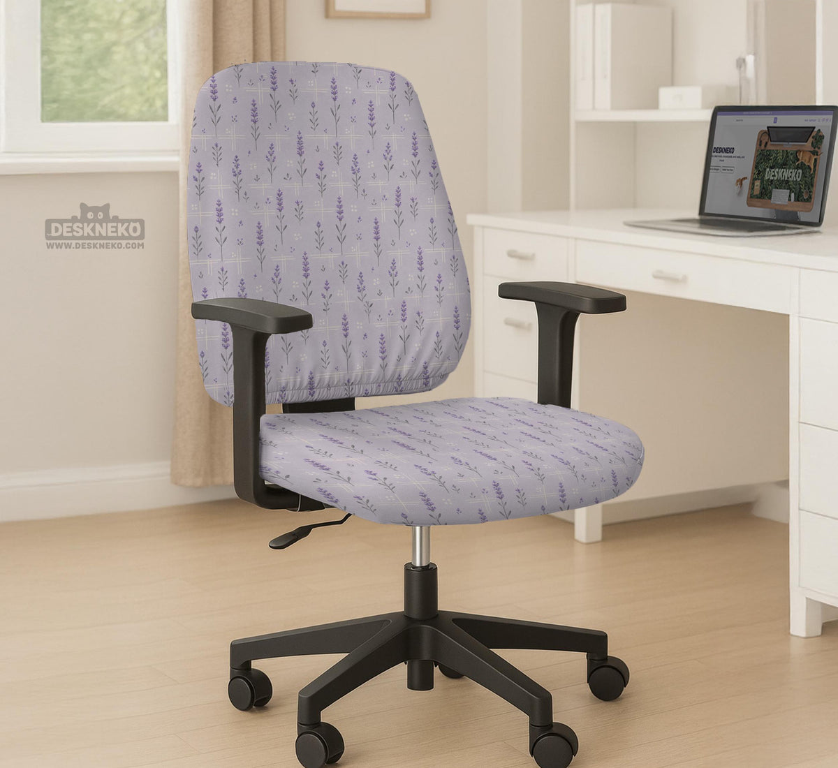 Lavender floral office chair cover with a light neutral background and small purple flower pattern.
